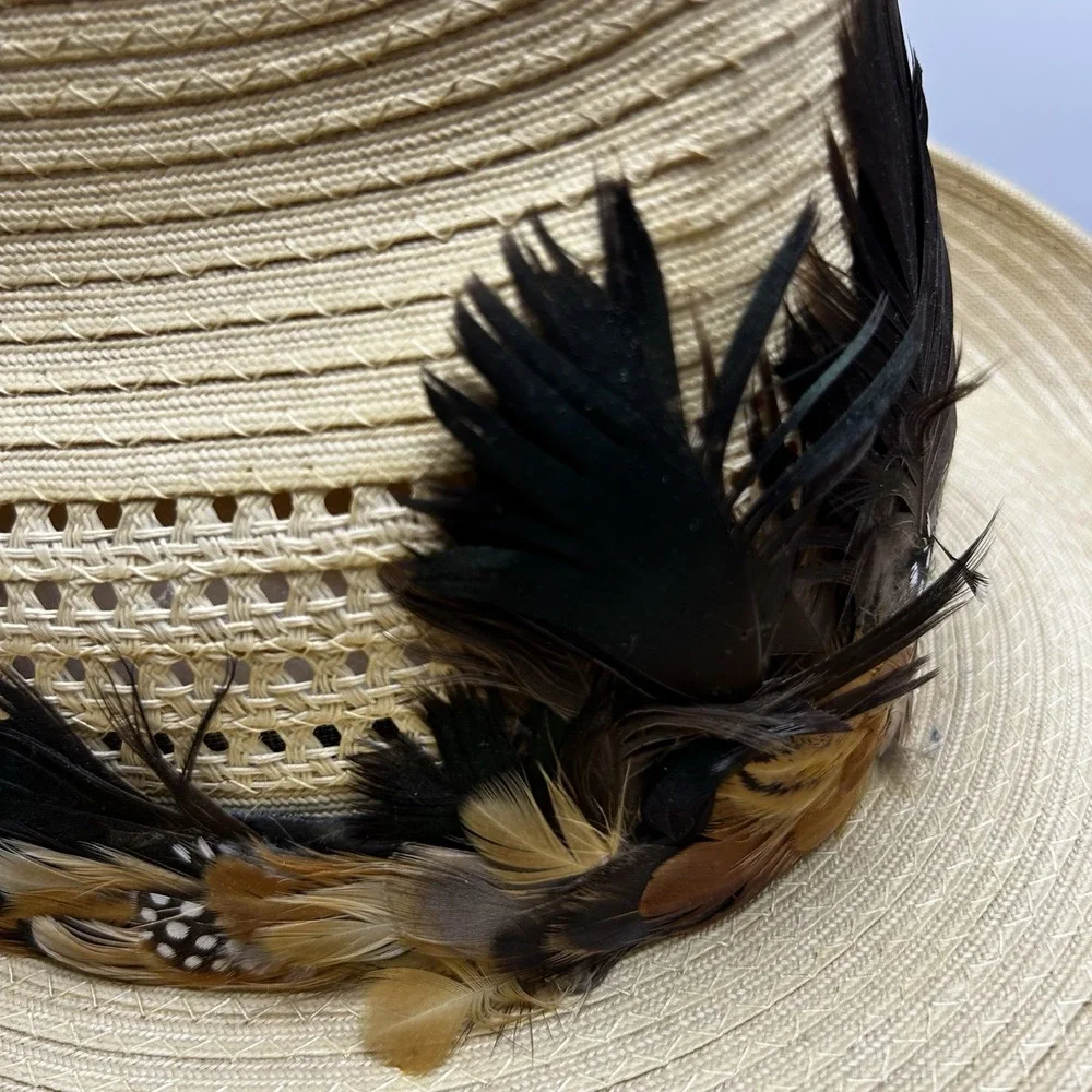 Straw Cowboy Hat Laredo Texas Western Beige Feather Hat Band Mens Womens 6 7/8